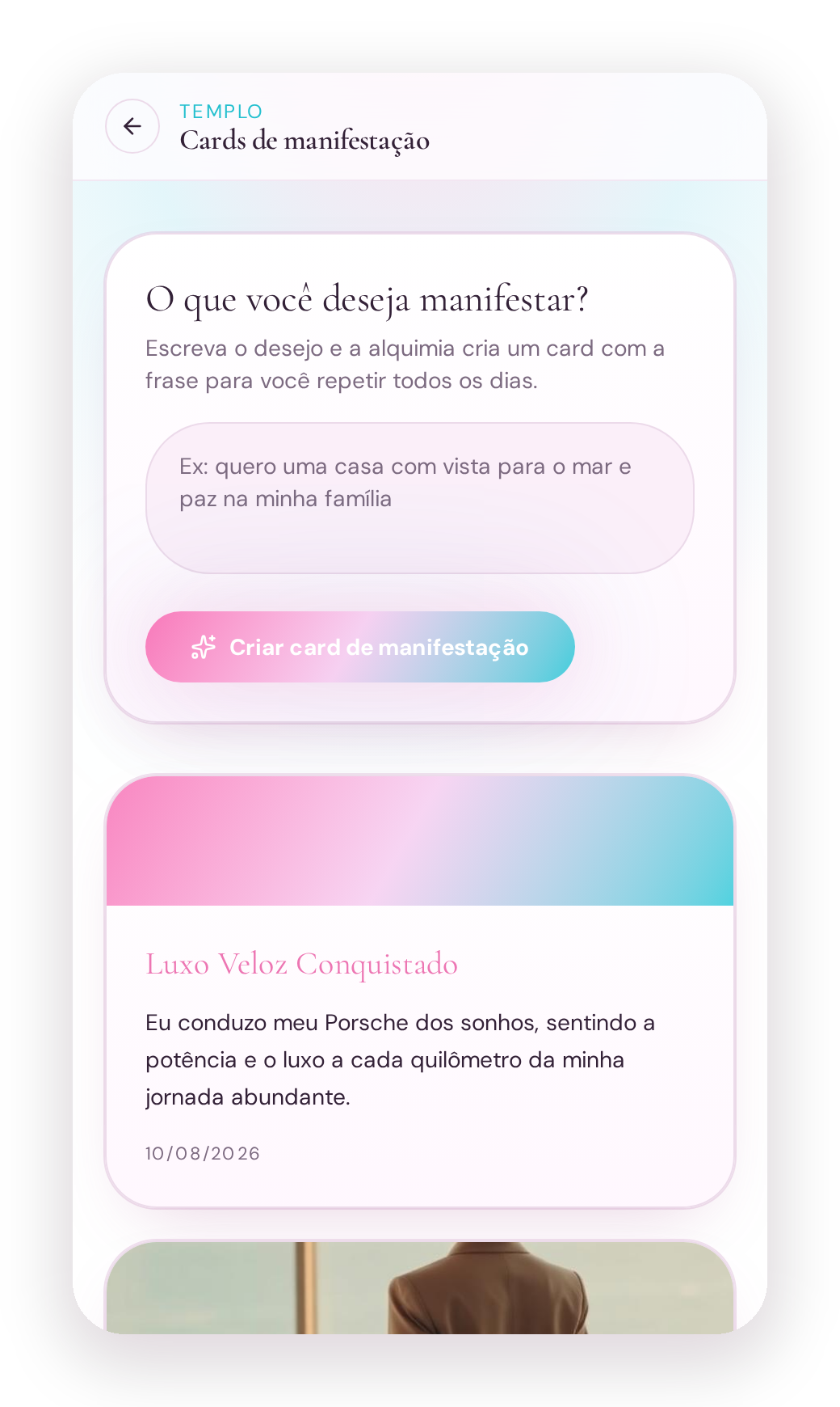 Templo do Alquimy com cards de manifestação e frases para repetir